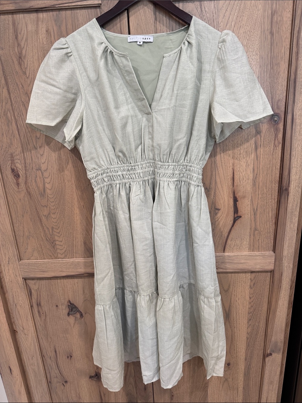 Baltic Born Sage Green Smocked-Waist V-Neck Midi Dress